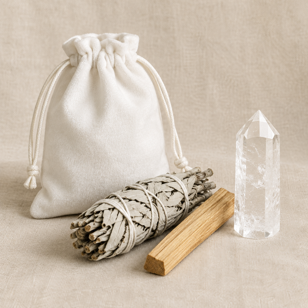 Mindful Gift Set with White Sage, Palo Santo & Crystal Tower — Clear Quartz