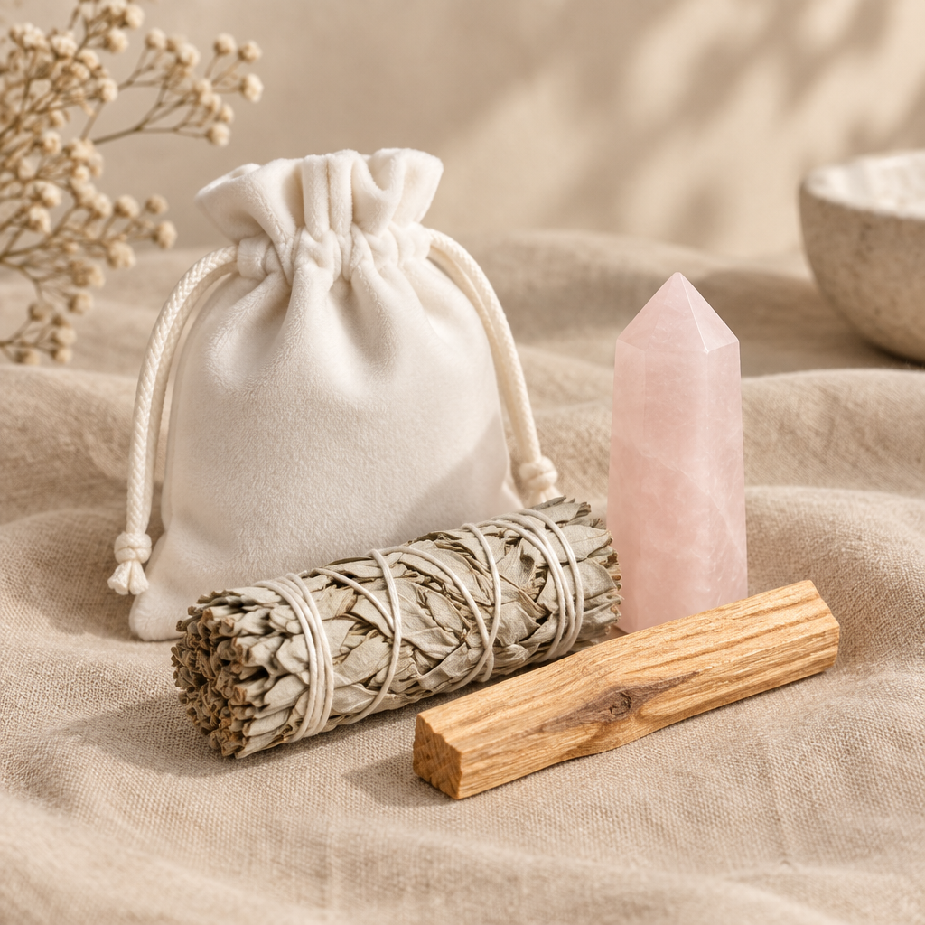 Mindful Gift Set with White Sage, Palo Santo & Crystal Tower — Rose Quartz