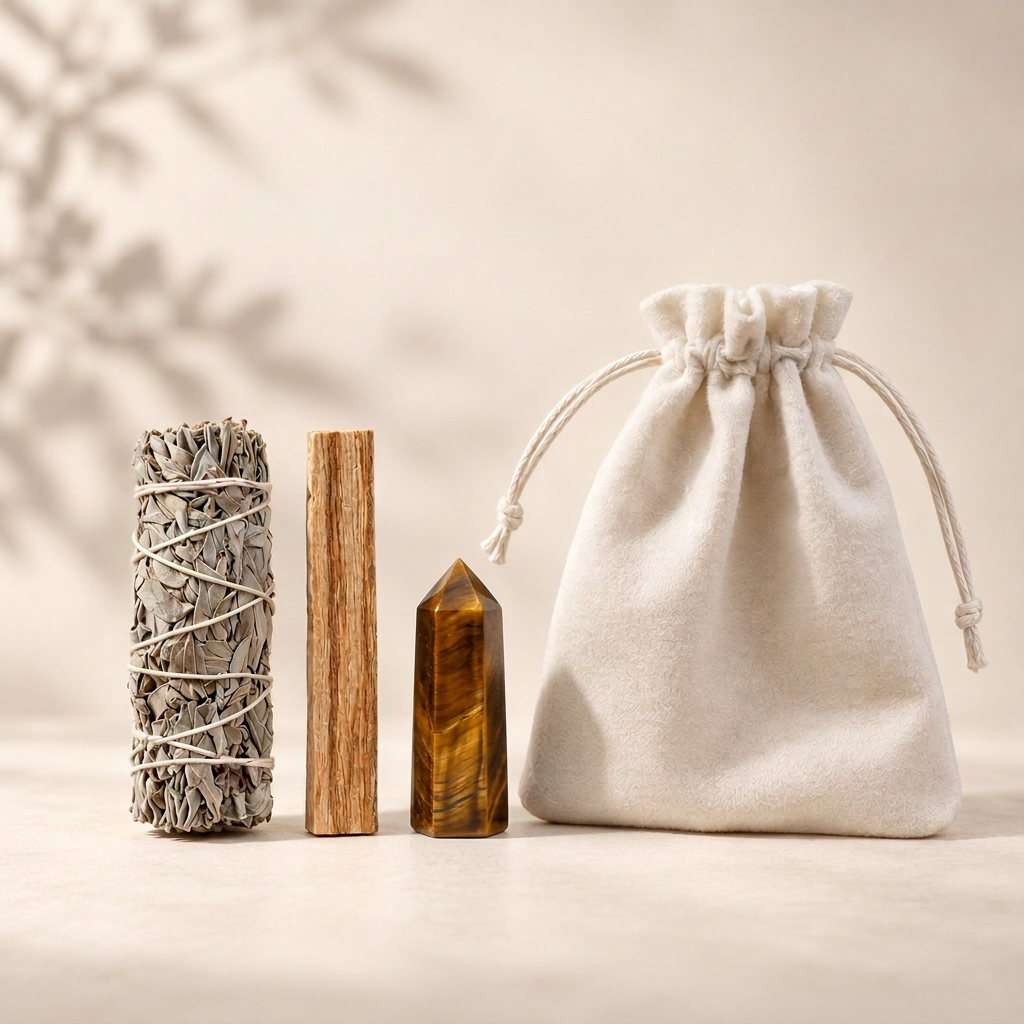 Mindful Gift Set with White Sage, Palo Santo & Crystal Tower — Tiger's Eye